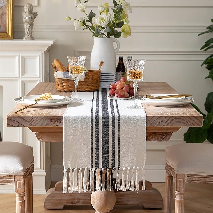 Boho Table Runner for Modern Farmhouse Decor, Dining Table décor 13 x 90 Inch Long, Coffee Table Runner with Handcrafted Tassels, Black and Beige, for Home Bohemian Decoration