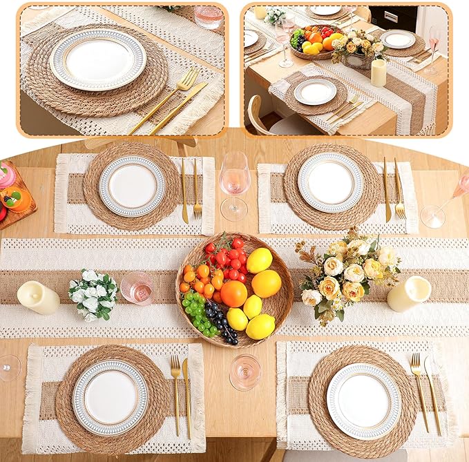 Boho Placemats 4/6/8 Set of Round Woven Placemat Macrame Style Bicolor Stitching Long Table Runner Farmhouse Rustic Natural Burlap Cotton for Kitchen Dining Table(6 Sets,Brown,12x72)