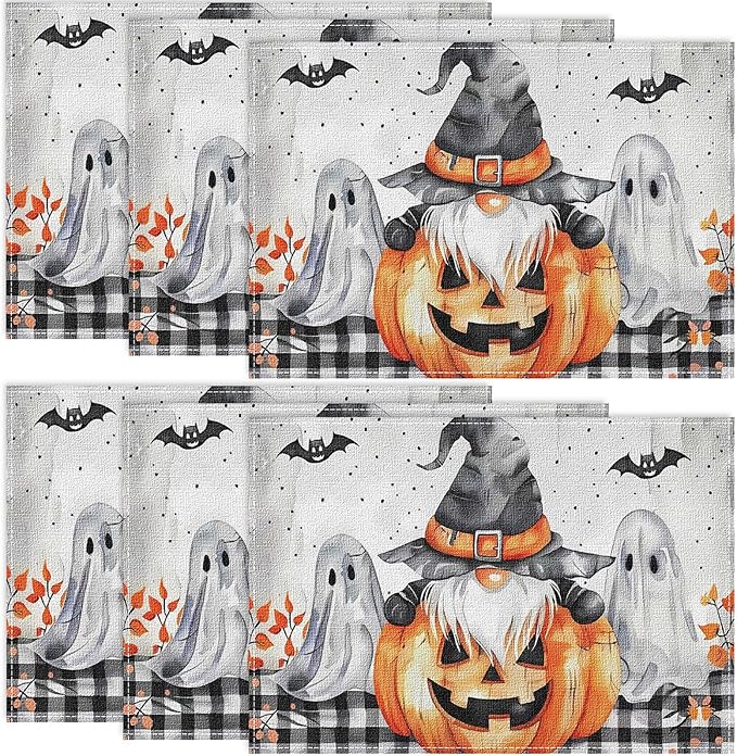 Niviy Buffalo Plaid Bat Ghost Pumpkins Halloween Placemats Set of 6, 12x18 Inch Horror Halloween Table Mats for Holiday Party Kitchen Dining Room Decoration