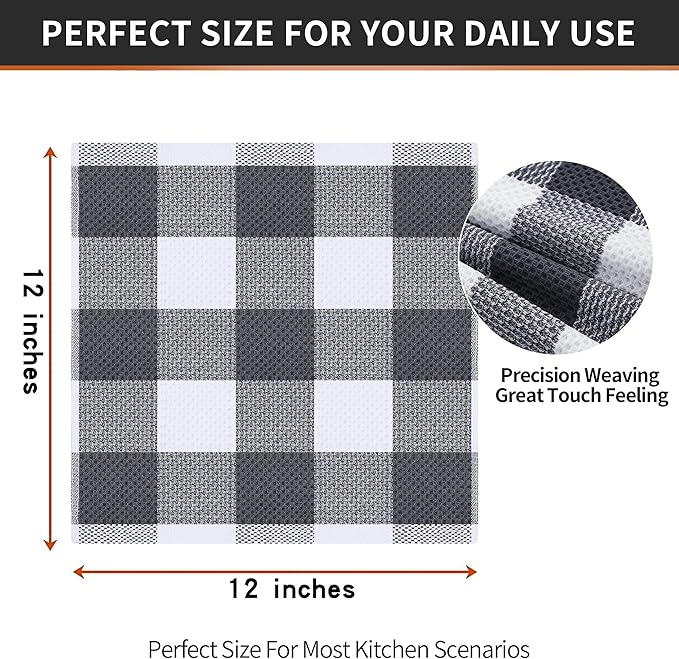 Homaxy 100% Cotton Waffle Weave Check Plaid Dish Cloths, 12 x 12 Inches, Super Soft and Absorbent Dish Towels Quick Drying Dish Rags, 6-Pack, White & Dark Grey