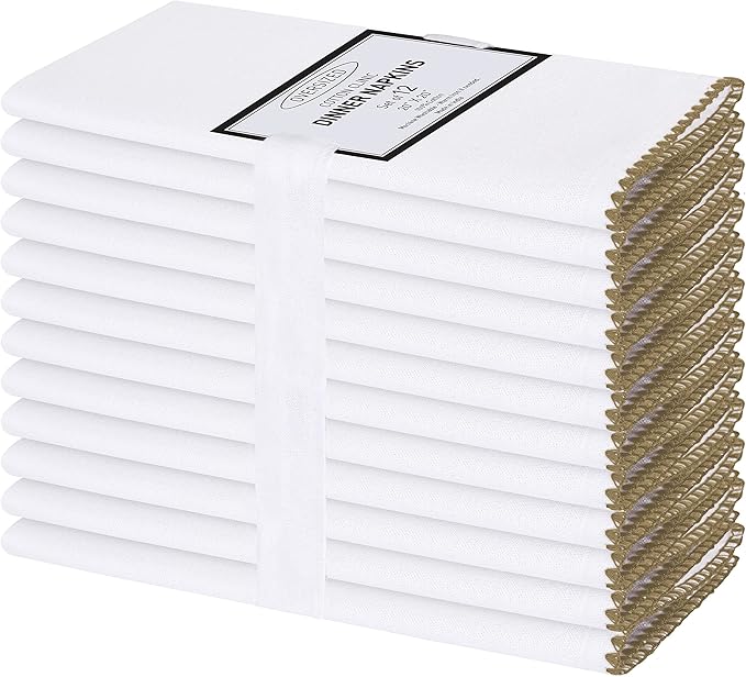 Cotton Clinic Cloth Napkins with Trim - Everyday Use Table Dinner Napkins - Soft Durable Washable - Ideal for Dinner Party Wedding Christmas Easter - Set of 12-20x20 inches Beige White Napkins