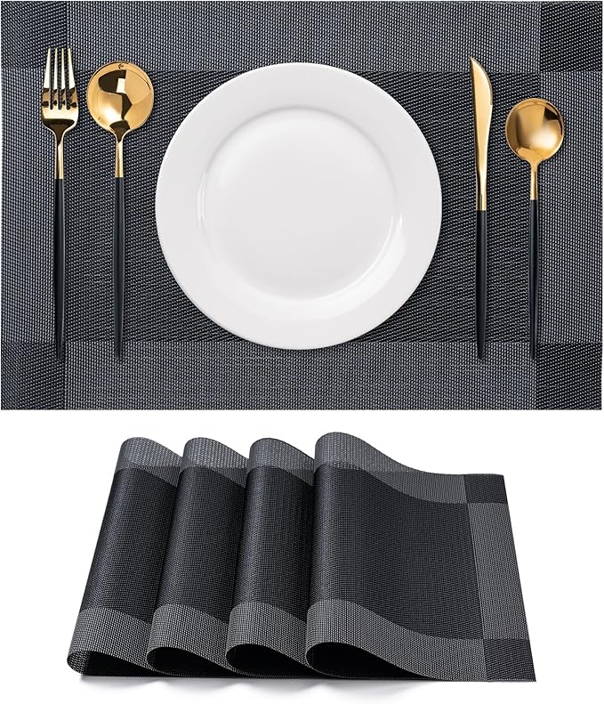 CADONO Placemats Set of 4 Washable Indoor/Outdoor Vinyl Place Mats for Dining Table Durable Non-Slip Heat Resistant PVC Weave Table Mats（Four-Corner-Black）