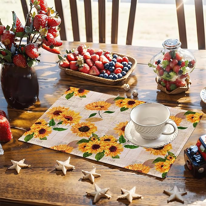 Yellow Watercolor Sunflowers Placemats Set of 6, 12x18 Inch Waterproof Stain Resistant Linen Table Placemats Summer Seasonal Farmhouse Kitchen Party Decor Home Decor
