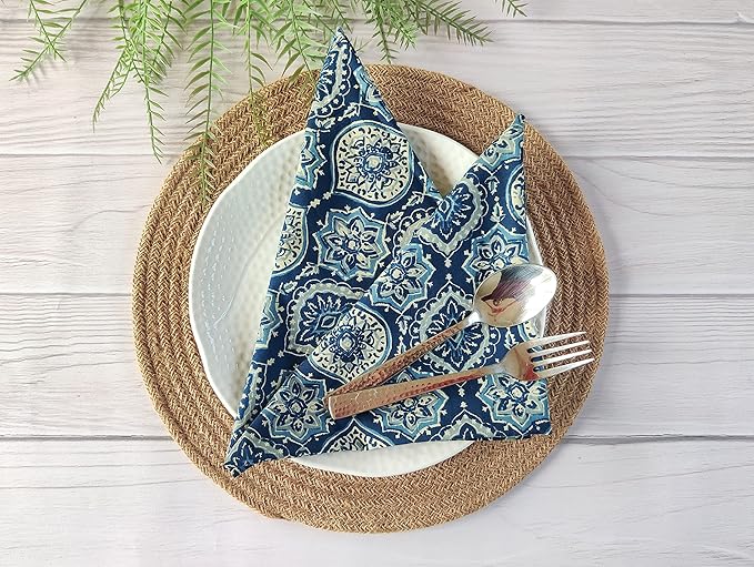 Thin Washable Cotton Napkin 18x18 inches - Lightweight Cloth Dinner Napkins Set of 6 - Everyday Use or Dinner Party and Events - Blue and Green Floral Indian Block Print Soft Fabric by Craftbot