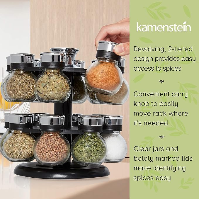 Kamenstein Ellington 16 Jar Revolving Spice Rack with Prefilled Spices - Rotating Chrome and Plastic Countertop Organizer with Sifter Caps and Labeled Lids