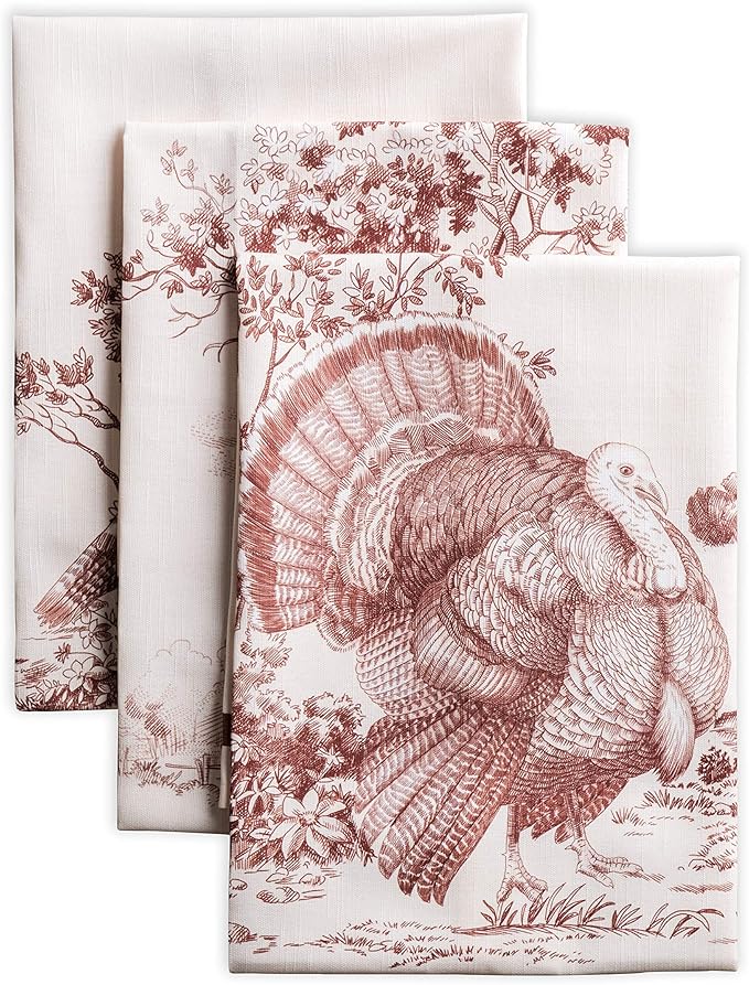 Maison d' Hermine Kitchen Towels Set of 3 100% Cotton 20" x 27.5" Reusable Cloth Tea Dish Towels Absorbent with Hanging Loop for Kitchen Dining Thanksgiving Christmas Decorations (Holy Jouy - Brown)