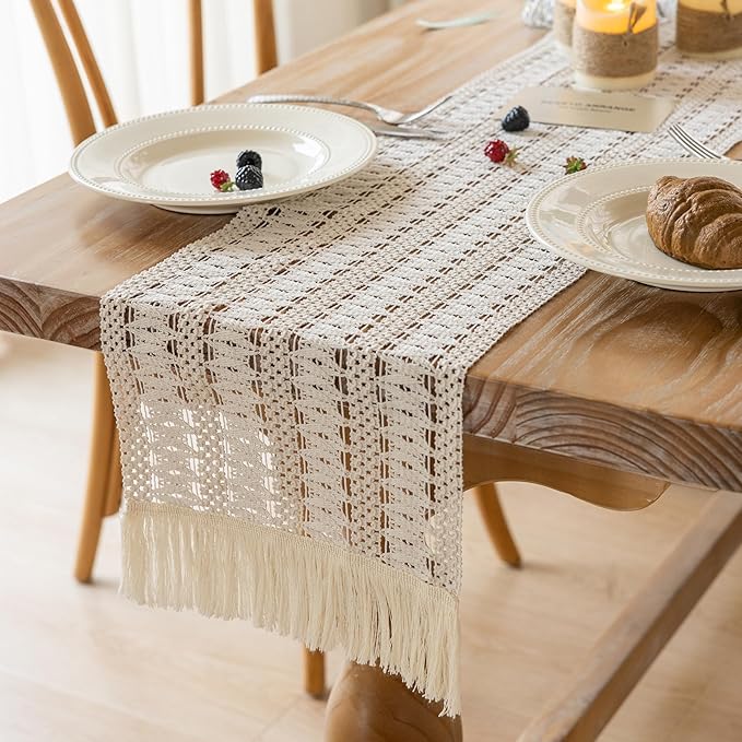 Keketoarrange Spring Boho Table Runner White for Home Decor 12x60 Inches Farmhouse Small Macrame Woven Burlap Jute Rustic Coffee Table Runner Dresser Scarf Dining Kitchen Centerpiece Bohemian Decor