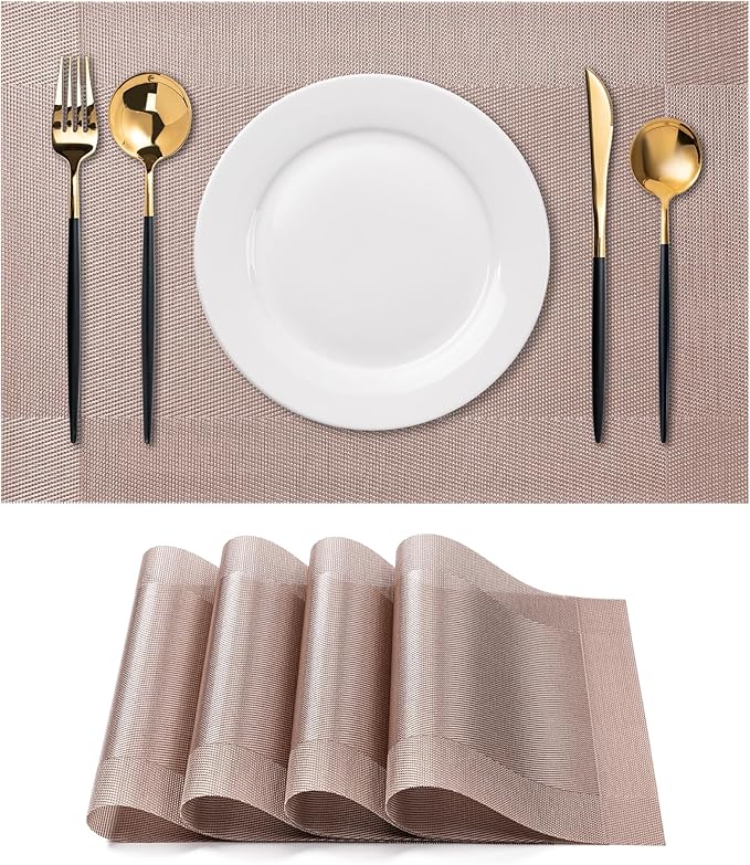 CADONO Placemats Set of 4 Washable Indoor/Outdoor Vinyl Place Mats for Dining Table Durable Non-Slip Heat Resistant PVC Weave Table Mats（Four-Corner-Khaki）