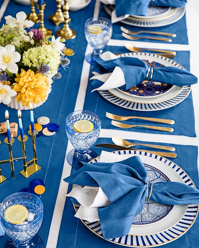 Solino Home Linen Placemats Set of 4 - Classic Hemstitch Indigo Blue Placemats 14 x 19 Inch - 100% Pure Linen Table Mats for Spring, Summer, Mothers Day