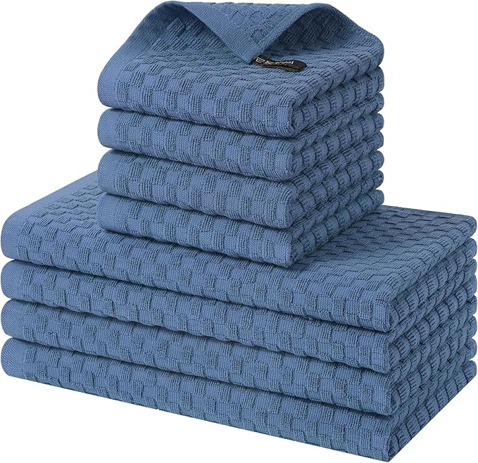 Homaxy 100% Cotton Kitchen Towels and Dishcloths Set, 12 x 12 & 15 x 25 Inches, Set of 8 Bulk Terry Cloth Dish Towels, Super Soft and Absorbent Hand Towel with Hanging Loop, Navy Blue