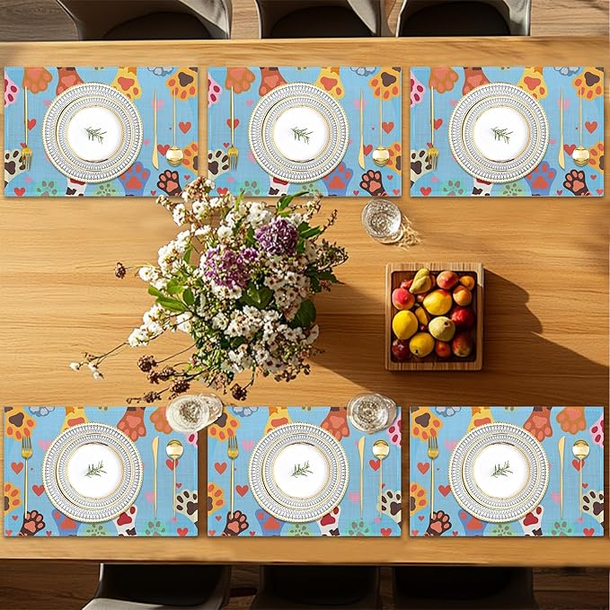 Cute Paws Placemats Set of 6,Dog Cat Table Mates Non-Slip Heat Resistant Washable Linen Place Mats for Party Kitchen Dining Decoration Indoor Outdoor 12"x18"