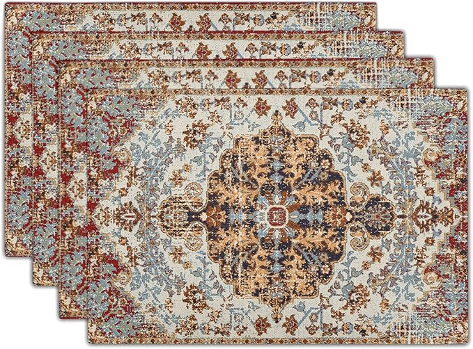 Ethnic Boho Placemats Set of 4 Southwest Brown Blue Carpet Woven Texture Linen Washable Kitchen Dining Table Mats Stain Heat-Resistant Desktop Decor Place Mats for Home Party Indoor 12x18 in