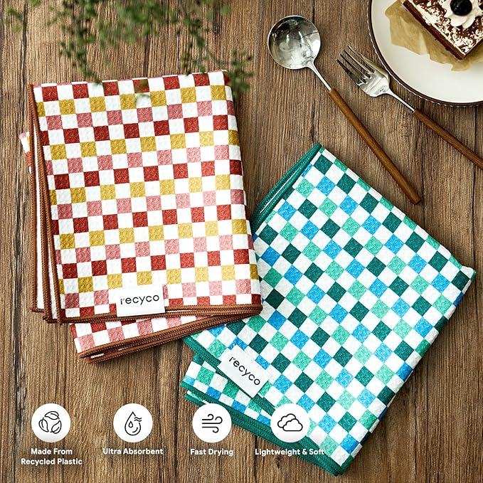 RECYCO Waffle Kitchen Towel Set of 2 - Quick Dry Microfiber Sustainable Dish Towels - Ultra Absorbent Reusable Cleaning Tea Towels - Lightweight Hand Towels,16”x 28”, Checkerboard Bliss