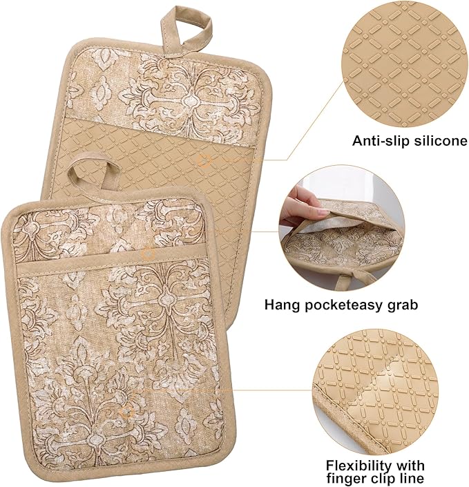 Oven Mitts and Pot Holders with Cooking Apron Set of 5, Heat Resistant Kitchen Gloves and Silicone Non-Slip Potholders, Adjustable Neck Buckle Chef Apron, Cotton Nice Design for Cooking (Tawny)