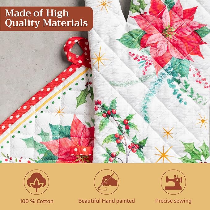 Maison d' Hermine 100% Cotton Oven Mitt & Pot Holder Set (7.5"x13" & 8"x8") Heat Resistant BBQ Cooking Gloves with Loop for Thanksgiving Christmas Decorations Handling Hot Pans (Poinsettia Christmas)