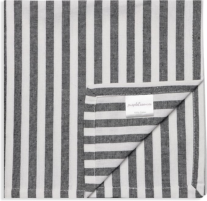 PurpleEssences Plain Striped Cloth Napkins - Set of 12-100% Cotton - 18 x 18 Inch - Spring Easter Summer and Perfect Everyday Use Dinner Napkin - Black and White