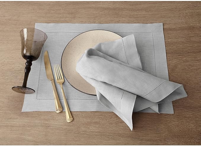 Solino Home Linen Cloth Placemats Set of 6-100% Pure Linen Hemstitch Soft Grey Placemats 14 x 19 Inch - Classic Hemstitch Table Place Mats for Spring, Summer, Mothers Day