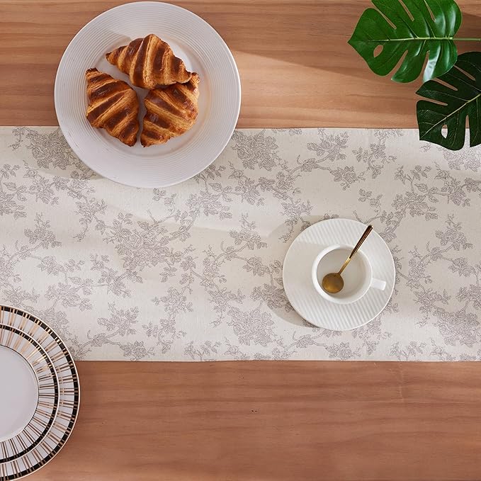 100% Cotton French Pastoral Table Runners, 13x72 Inch Grey Farmhouse Table Runners 72 Inches Long, Vintage Flowers Print Home Decors