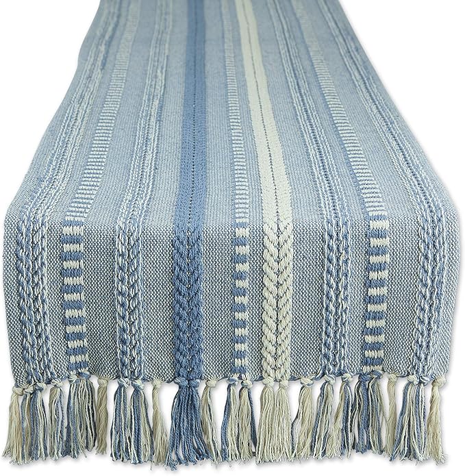 DII Farmhouse Braided Stripe Table Runner Collection, 15x72 (15x77, Fringe Included), Stonewash Blue