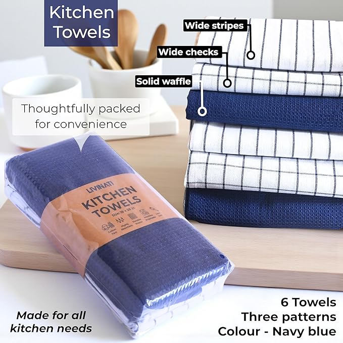 Cotton Dish Towels For Kitchen Drying - Highly Absorbent Wide Navy Blue Striped Plaid Tea Towels - 18"X28" Set Of 6 Farmhouse Linen Dishtowels In Bulk - Pano De Prato Para Cozinha - T Towles Towls