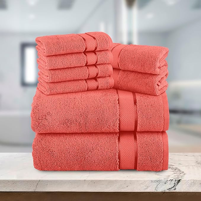 Elegant Comfort Premium Cotton 8-Piece Towel Set, Includes 4 Washcloths, 2 Hand Towels and 2 Bath Towels, 100% Turkish Cotton - Highly Absorbent and Super Soft Towels for Bathroom, Coral
