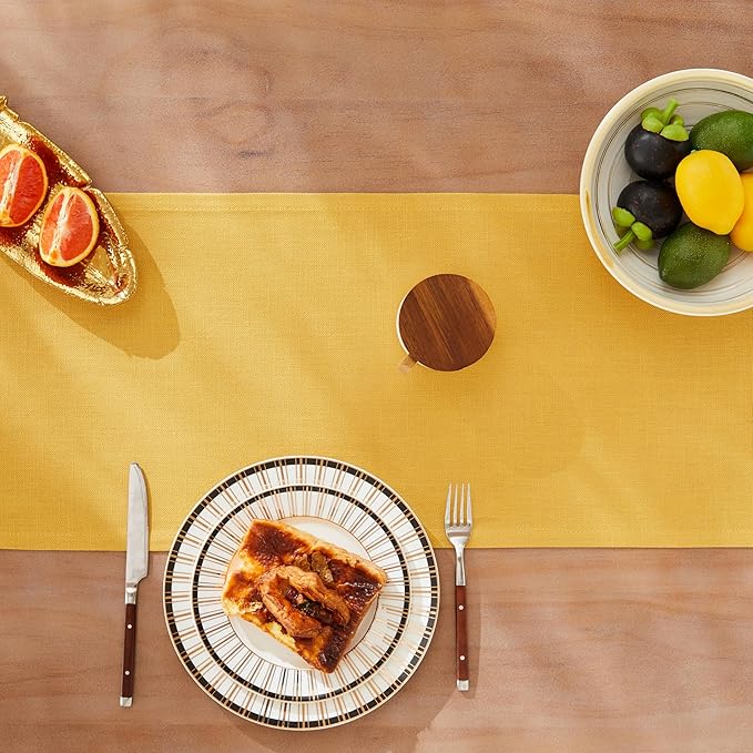 ZeeMart Rustic Cotton Linen Table Runner, 13x72 Inches Yellow, Farmhouse Style Yellow Table Runners 72 Inches Long, Washable Kitchen Dining Table Decoration for Home Party Decor