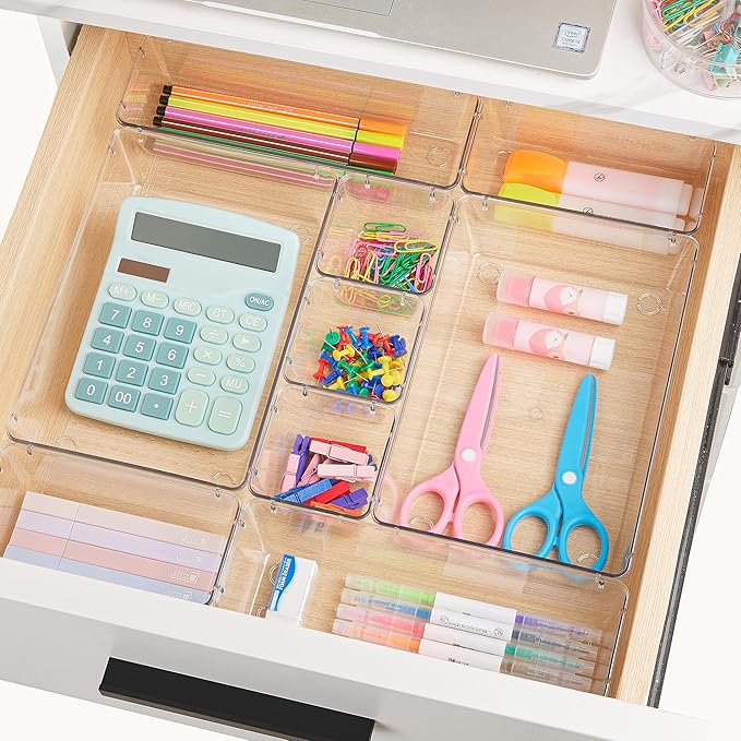 Vtopmart 72 PCS Clear Plastic Drawer Organizers Set, 4-Size Versatile Bathroom and Vanity Organizer Trays, Non-Slip Storage Containers for Makeup, Jewelries, Bedroom，Kitchen Utensils and Office