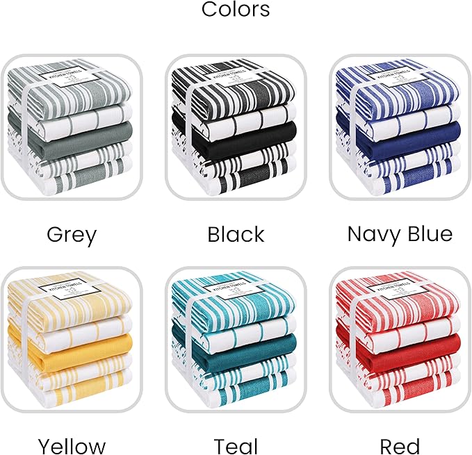 Cotton Clinic Assorted Kitchen Towels 5 Pack – Soft Absorbent Quick Drying Table & Kitchen Linen - Dish Towels, Dish Cloths, Tea Towels and Cleaning Towels with Hanging Loop – 16x28 / Grey White