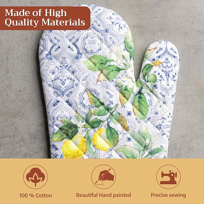 Maison d'Hermine Oven Gloves 100% Cotton Oven Mitt 7" x 13" with Loop Heat Resistant BBQ Cooking Gloves Baking Grilling Gifts for Mothers Day Spring/Summer (Pack of 1, Citrus)