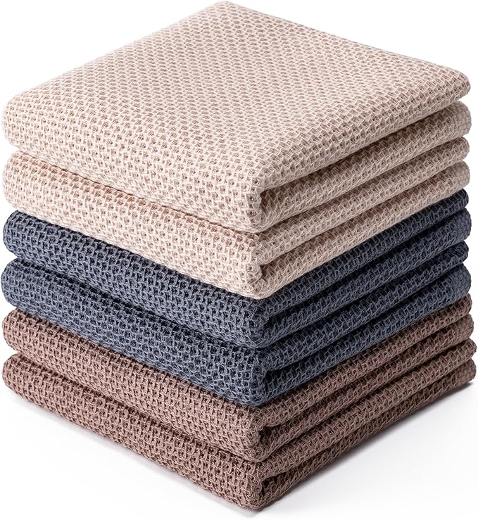 BOOMIBOO 6-Pack Kitchen Dish Cloths, 100% Cotton Waffle Weave, Ultra Soft Absorbent, Quick Drying Dish Towels, 13x28 Inches,Multicolor