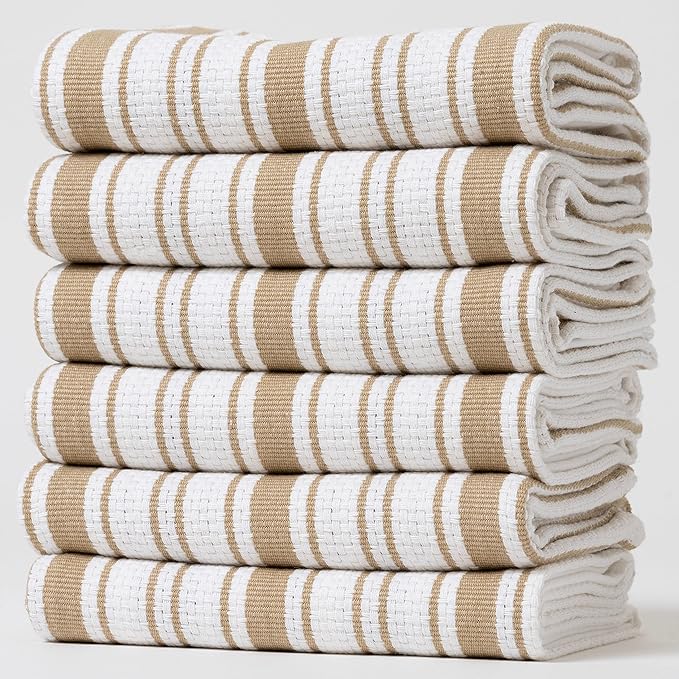 Kitchen Towels Set – Pack of 6 (20’’ x 30’’) Extra Large Premium Cotton Dish Towels for Kitchen – Basket Weave Towels – Absorbent – 100% Cotton – with Hanging Loop – Beige