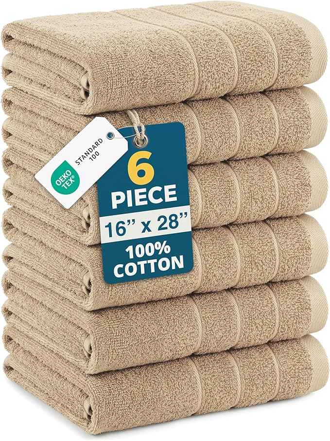 Casa Platino Bathroom Hand Towels - 6 Pack (16"x28"), 100% Ringspun Cotton Hand Towel Set - Soft, Lightweight, Fade & Shrink Resistant - Everyday Use, Face Towels for Bathroom, Gym and Travel - Taupe