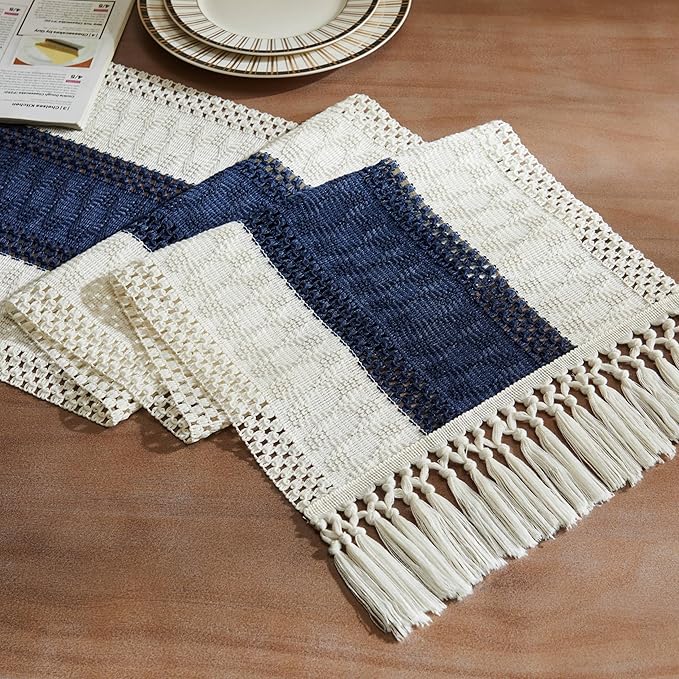 ZeeMart Macrame Style Bicolor Stitching Table Runner, 14 x 48 Inch Navy Blue/Ivory, Boho Navy Table Runners 48 Inches Long, Farmhouse Woven Home Decor
