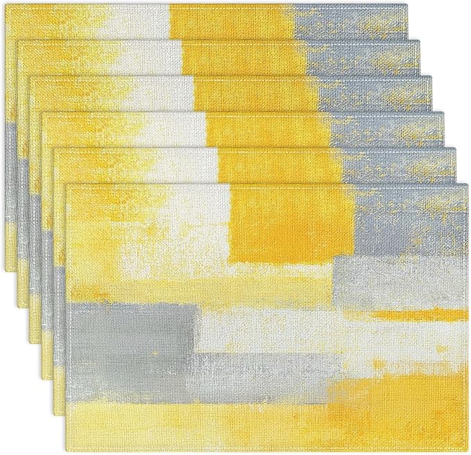 Emvency Farmhouse Placemats Set of 6,12x18 Inch Linen Rectangular Place Abstract Modern Geometric Yellow Grey Table Mats for Indoors & Outdoor Home Party Kitchen Dining Decoration