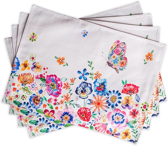 Maison d' Hermine Placemats Set of 4 100% Cotton Washable Cloth Place Mats Reusable Table Mats for Kitchen Dining Party Gifts for Mothers Day Spring/Summer(Happy Florals - High Summer, 13" x 19")