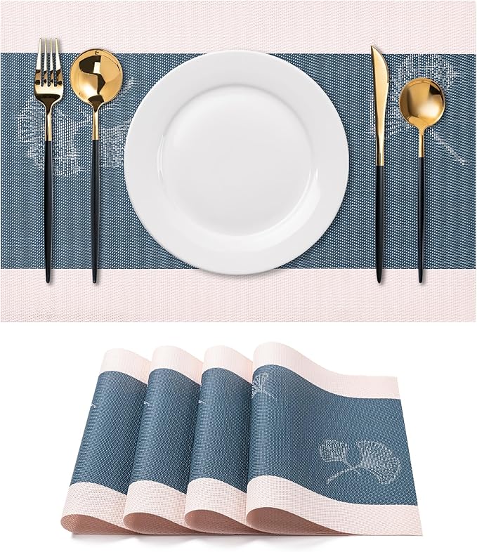 CADONO Placemats Set of 4 Washable Indoor/Outdoor Vinyl Place Mats for Dining Table Durable Non-Slip Heat Resistant PVC Weave Table Mats（Ginkgo biloba Blue White）