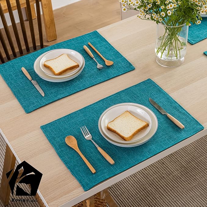 Kevin Textile Set of 4 Placemats Heat Resistant Dining Table Place Mats Kitchen Table Mats, Peacock Blue, 13"x19"