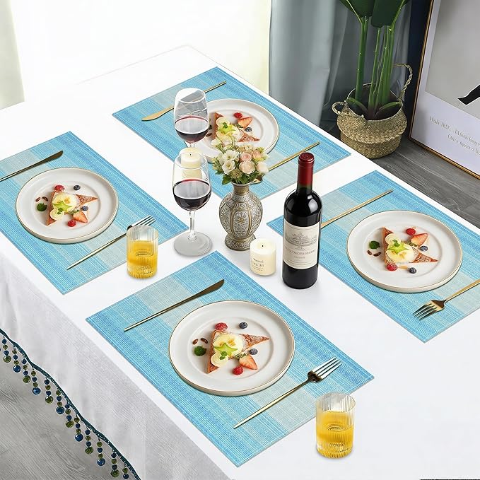 Bloss Blue Placemats Set of 4, Linen Woven Place Mats for Kitchen Table Indoor/Outdoor, 12" x 18" Washable Gradient Blue Placemat Dining Table Mats