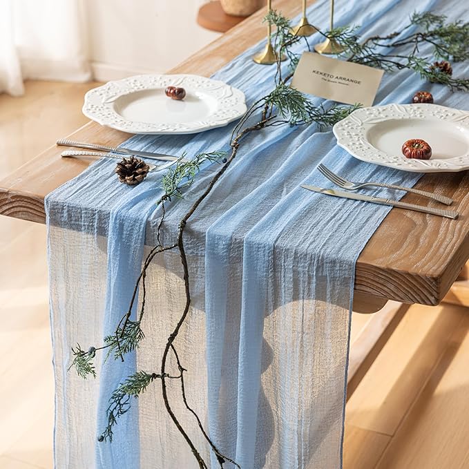 Keketoarrange 10pcs Light Blue Gauze Rustic Cheesecloth Table Runner 120 Inch 10 FT for Wedding Baby Shower Bridal Shower Birthday Engagement Garden Outdoor Party Long Sheer Boho Decorations