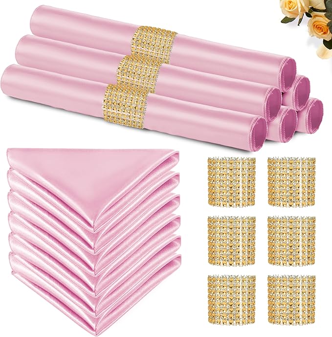 100 Pack Pink Satin Napkins and Napkin Rings Set, 12 x 12 Inch Silky Soft Cloth Napkins Set of 50, Square Satin Dinner Table Napkins Bulk for Wedding Banquet Graduation Party Decoration