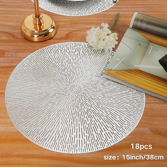 Snowkingdom Silver Placemats Set of 18, 15 Inch Round Metallic Hollow Vinyl Place Mats, Washable Wipeable Non Slip Kitchen Dining Table Mats for Christmas Thanksgiving Holiday Wedding Party Decoration