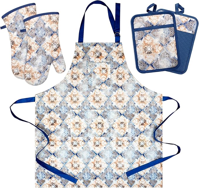 Oven Mitts and Pot Holders with Cooking Apron Set of 5, Heat Resistant Kitchen Gloves and Silicone Non-Slip Potholders, Adjustable Neck Buckle Chef Apron, Cotton Nice Design for Cooking (Blue Retro)