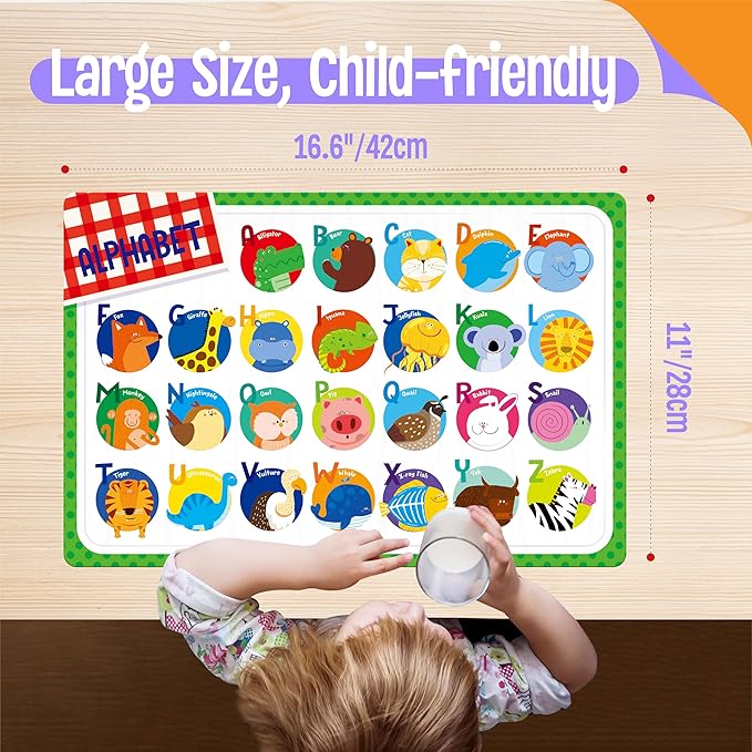 4 Pack Placemats for Kids, Non-Slip Washable Table Mats, Double-Sided Reusable Universe, Alphabet, Numbers, Map of USA & World Educational Placemats for Home, Kindergarten, Classroom, Nursery