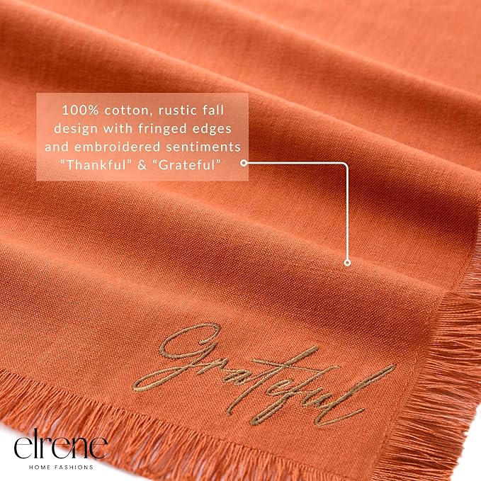 Elrene Home Fashions Fringed Harvest Sentiment Cotton Napkins, Set of 4, 17"x17", Rust