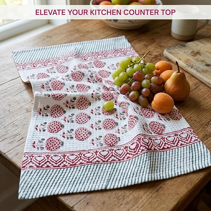 ATOSII 100% Cotton Hand Block Print Waffle Kitchen Towel, Set of 3, 18 x 26 Inches Ultra Absorbent Quick Dry Dish Towels, Lightweight Reusable Sustainable Tea Towels for Cleaning and Drying, Roma Red