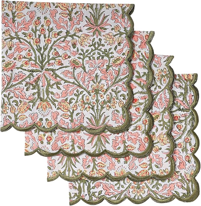Ridhi Hand Block Print Sassy Salmon Pink 18" x 18" (Set of 4) Embroidery Table Napkins Reusable Cotton Dinner Napkins for Weddings, Parties, Everyday Dining Gift for Spring, Easter, Valentine