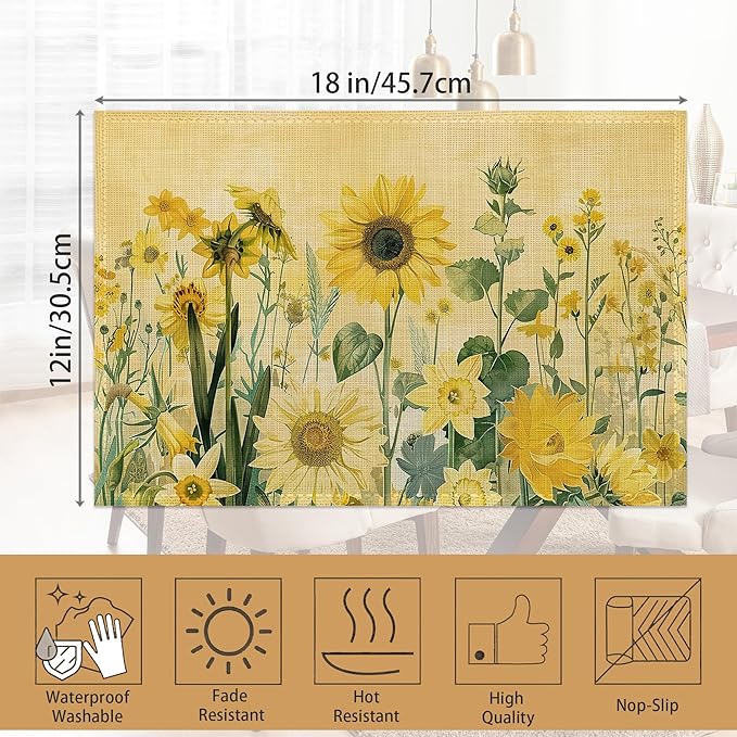 Placemats12x18 Inch,Yellow Floral Placemats,Sunflower Daisy Kitchen Dining Coffee Table Mats Set of 6 for Home Indoor Outdoor Party