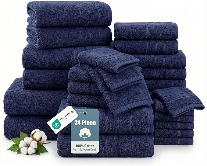 24-Piece Premium Bathroom Towel Sets – Ultra Soft 100% Cotton Towel, 2 Bath Sheets, 2 Bath, 2 Gym Towel, 4 Fingertip, 6 Hand, 8 Washcloths, Hotel & Spa-Quality Design, Easy to Wash – Navy