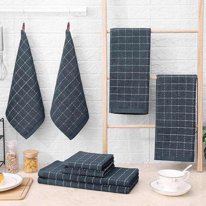 Homaxy Kitchen Towels and Dishcloths Set, 12 x 12 and 13 x 28 Inches, Set of 10 Bulk Cotton Terry Kitchen Towels Set, Checkered Designed, Soft and Super Absorbent Dish Towels, Dark Grey