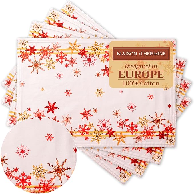 Maison d' Hermine Placemats Set of 4 100% Cotton Washable Cloth Place Mats, Reusable Table Mats for Thanksgiving Christmas Decorations Kitchen Dining Party Wedding Restaurant (Crystal Star, 13" x 19")